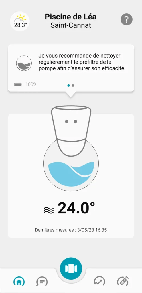 Illustration écran application ICO Pool envoie une recommandation pour avertir l'utilisateur qu'il doit changer le filtre de sa piscine. 