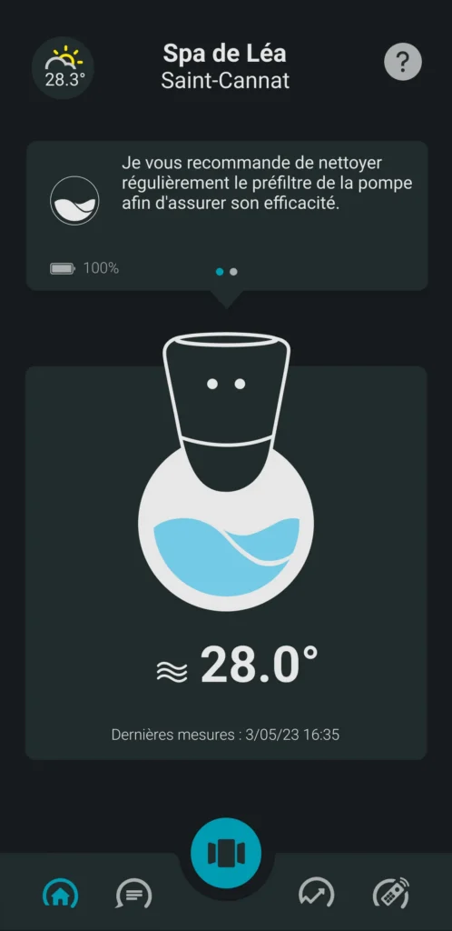 Image d'une recommandation de l'application ICO pour que l'utilisateur change le filtre de son spa 