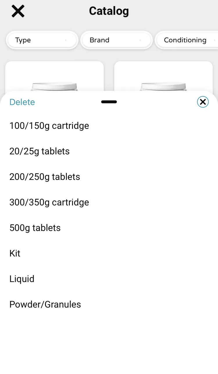 the user chooses product packaging: weight of cartridges, weight of pebbles, tablets, granules, etc. 