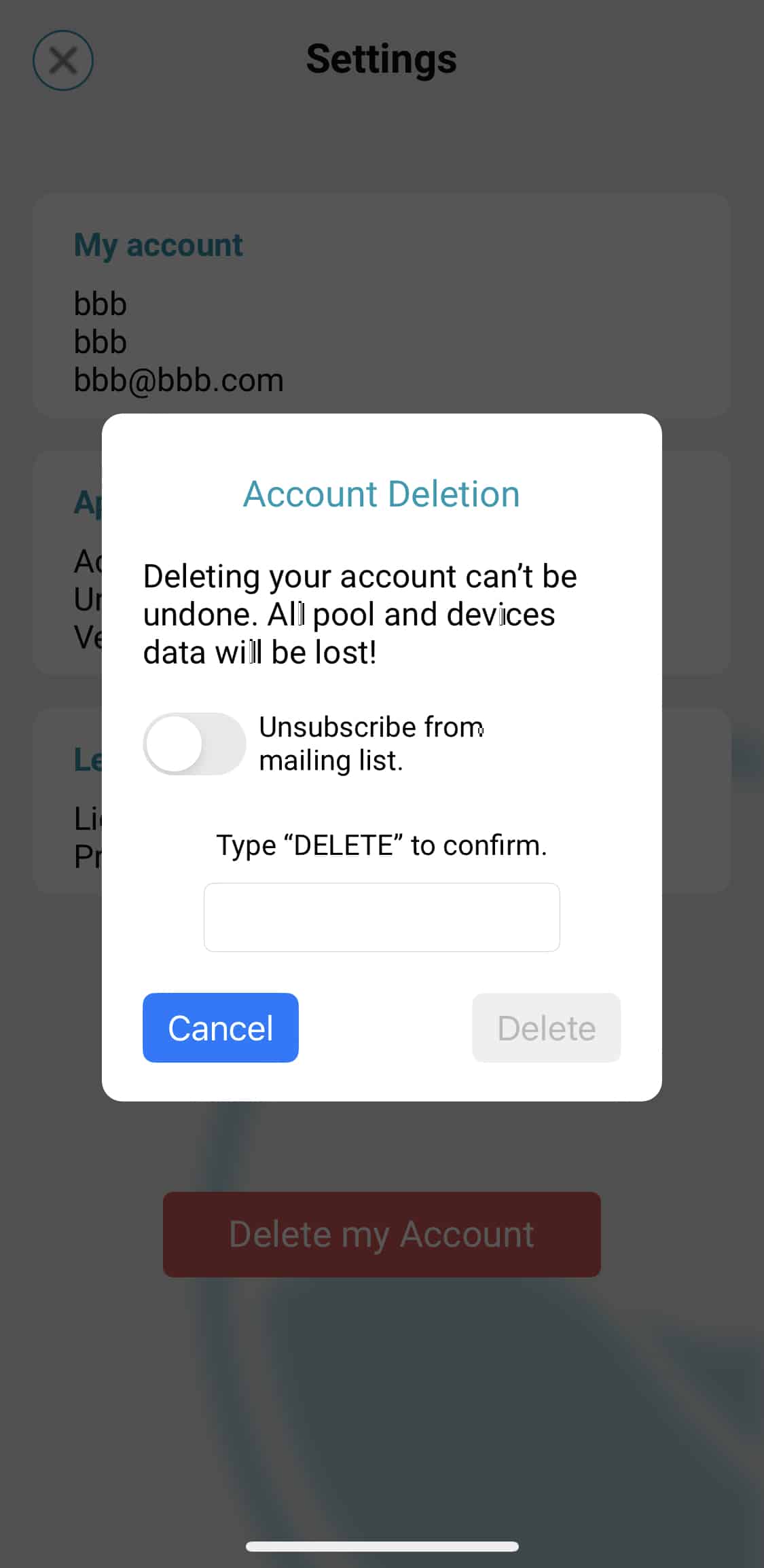 ICO app account deletion confirmation 