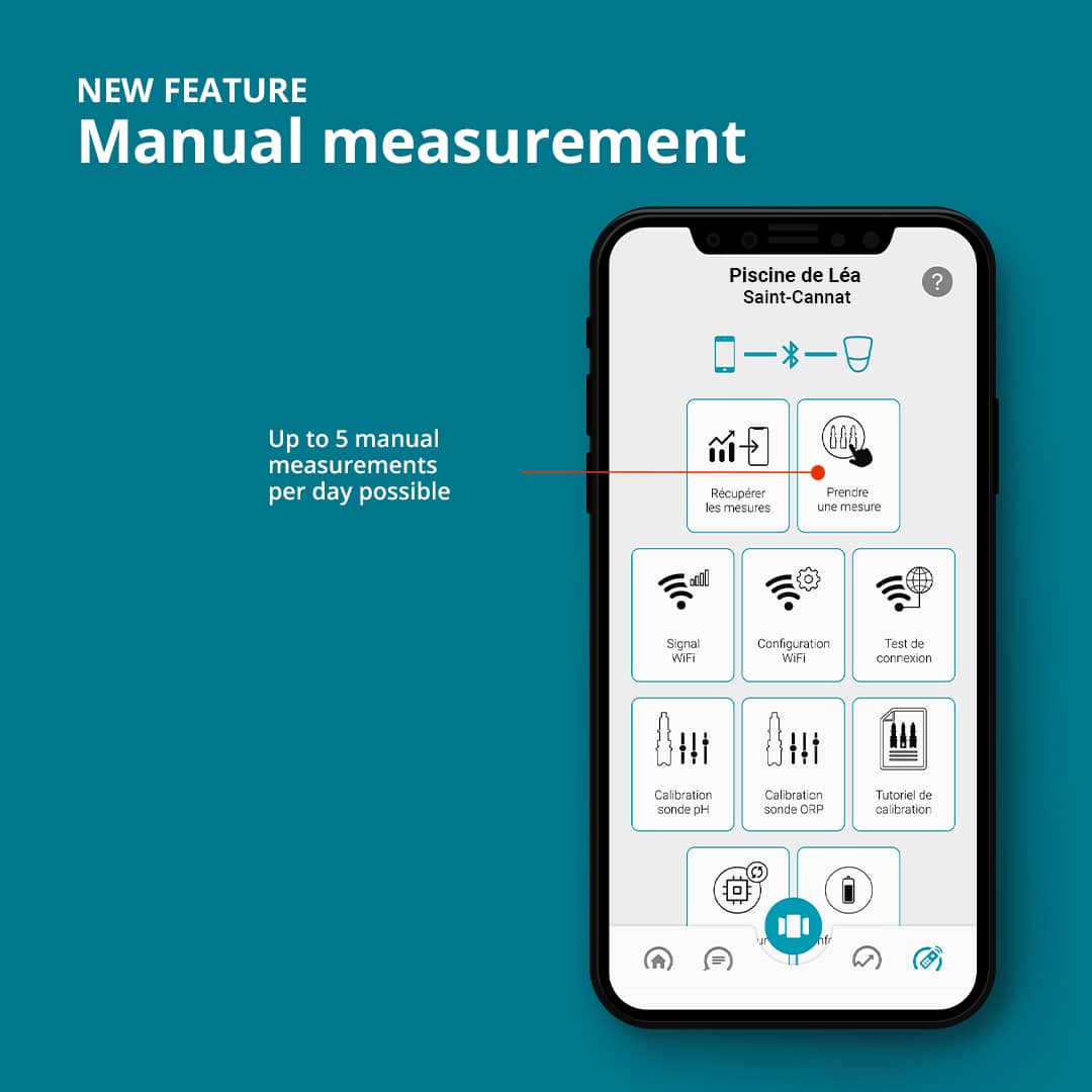the manual measurement function is available on the ICO Pool and ICO SPA devices to measure water quality on demand. View measurements in the ICO APP application 