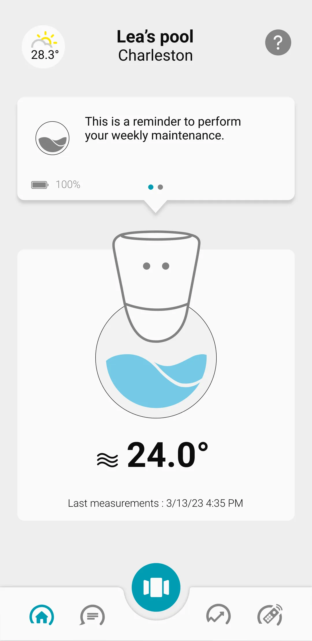 Screen from the ICO POOL mobile application recommending weekly pool maintenance.