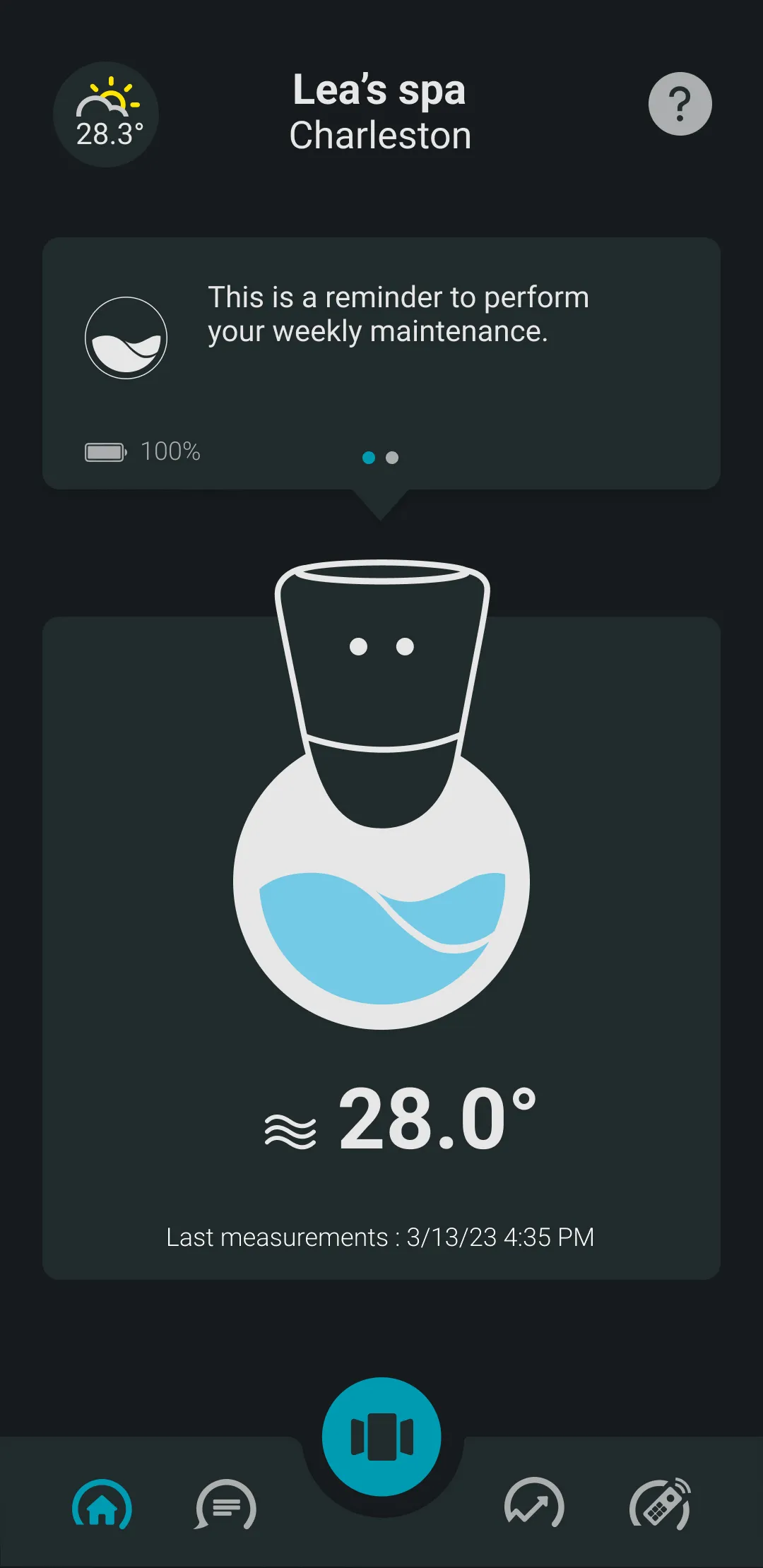 ICO application screen: recommendation to the user to perform weekly hot tub maintenance