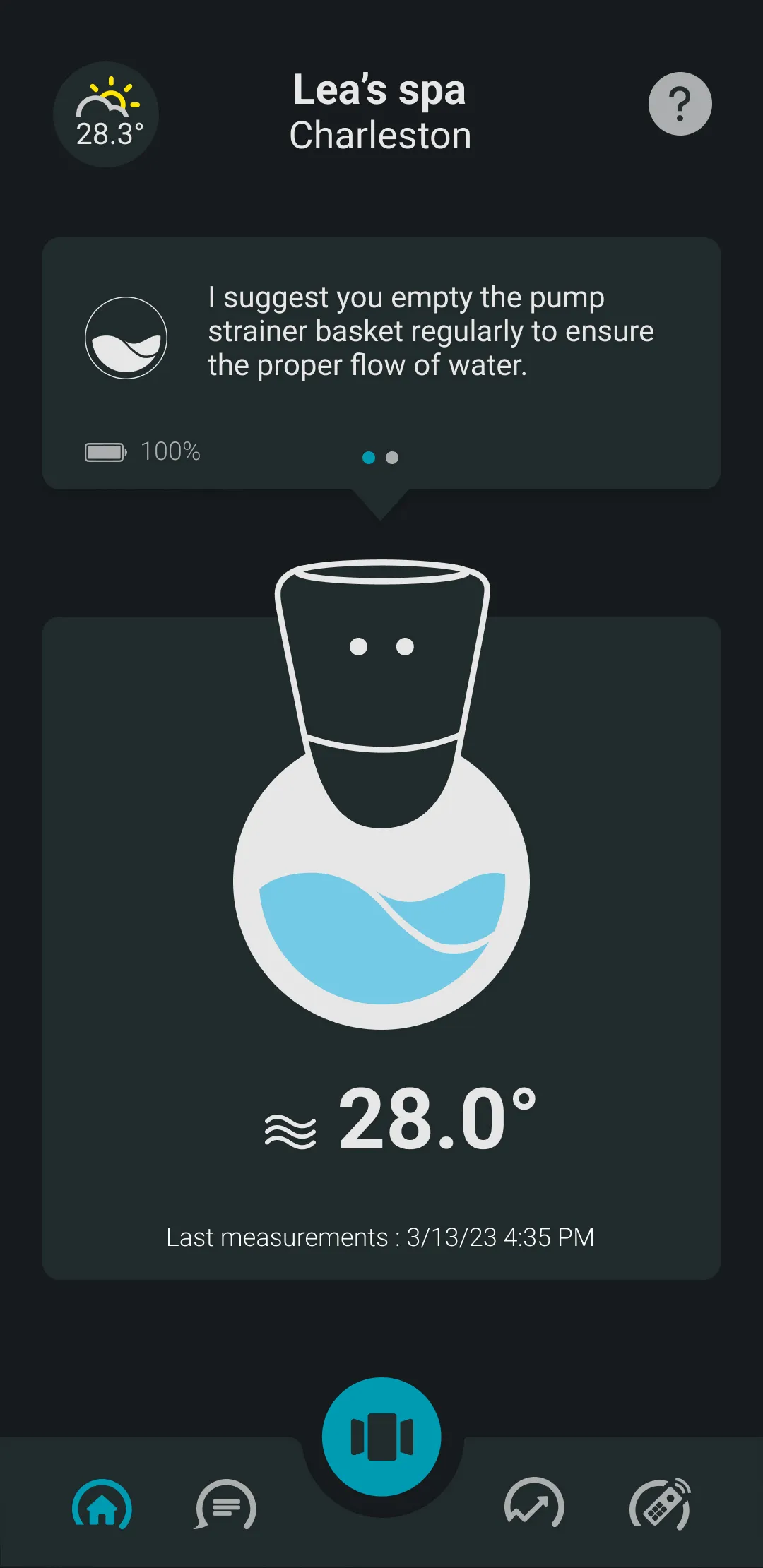 ICO application screen: recommendation to the user to change the pre-filter for better spa water filtration 