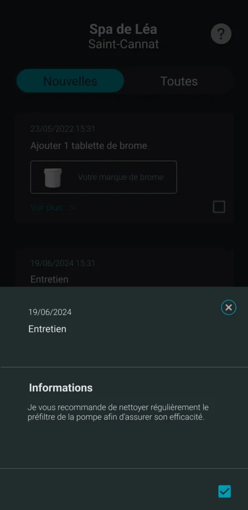 écran de l'application ICO : recommandation ICO Pool pour prendre soin et nettoyer le préfiltre de la pompe