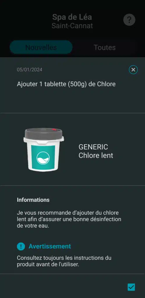 Visuel de l'application ICO montrant les recommandations produit pour les spas aux chlores