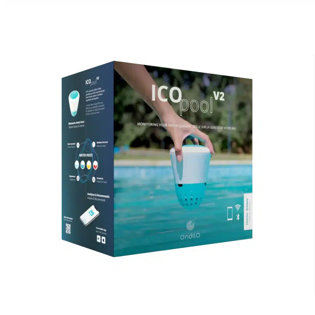 packaging ICO Pool V2, l'analyseur d'eau connecté pour le chlore et le brome. ICO Pool contient des sondes pH, ORP et TDS ( version sel).