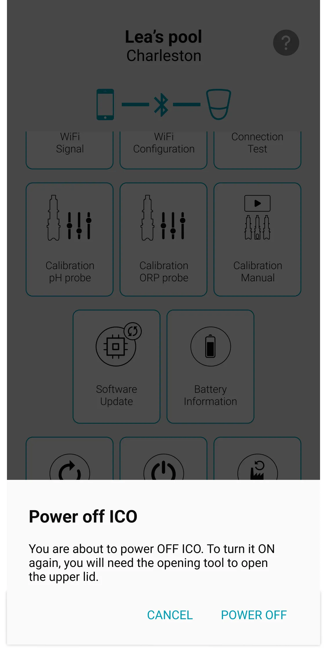 ICO application screen, ICO tun off button from remote control menu 