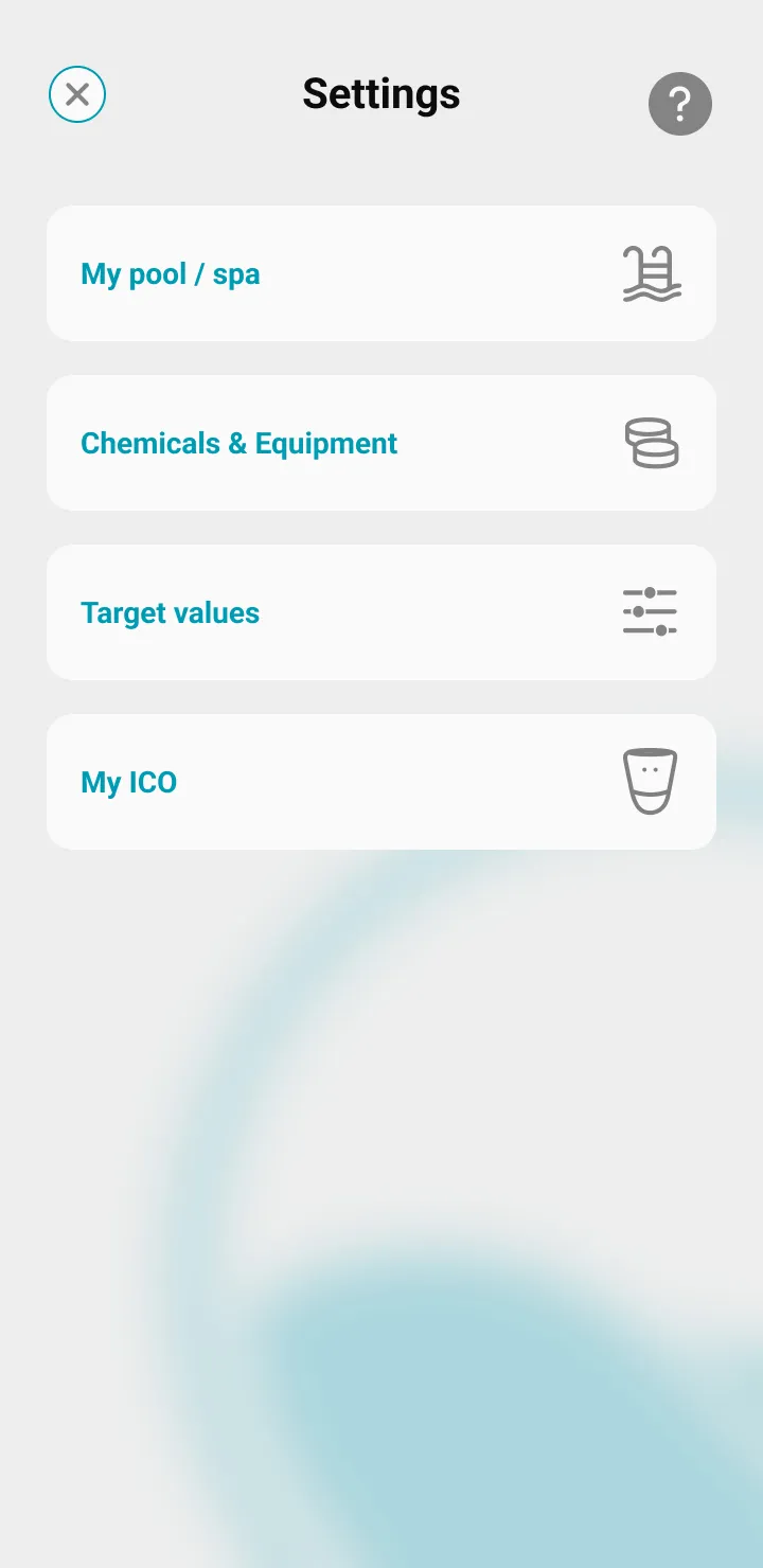 view of the ICO application parameters page, which gives access to My pool/My spa parameters, products and equipment, target values and My ICO.