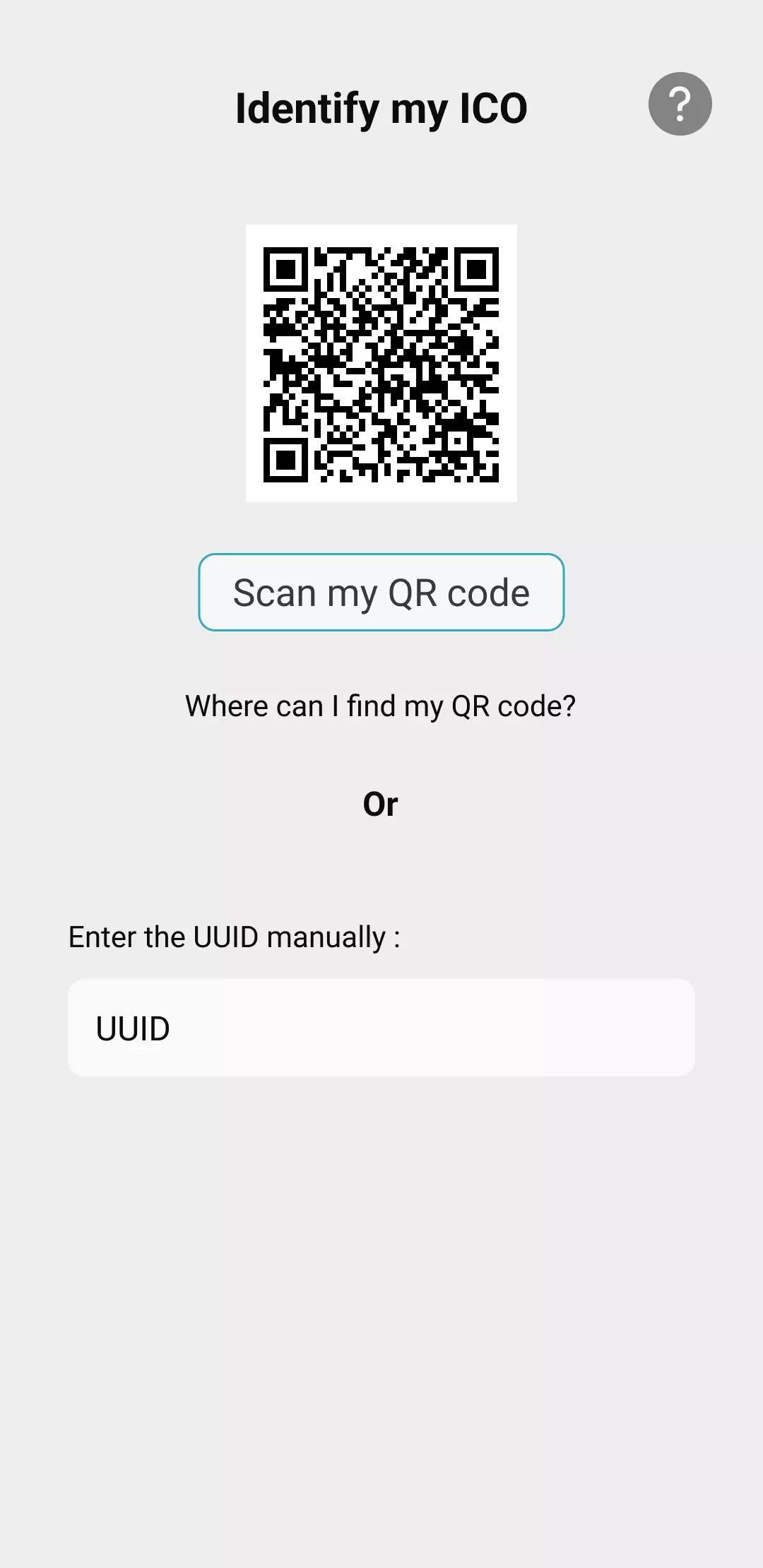 Visual of the ICO application with the interface with the process to identify its ICO thanks to a QR code or with the UUID