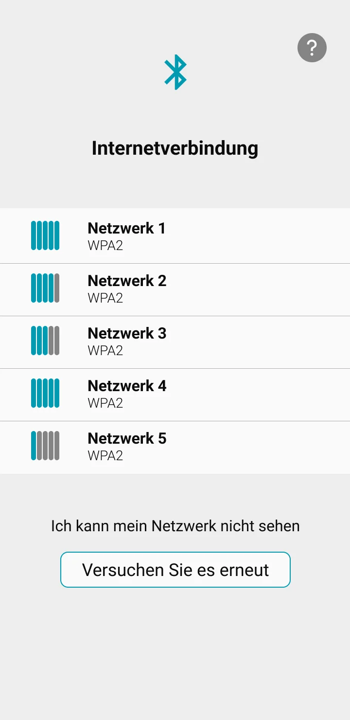 Visuelle Darstellung der Anwendung, die eine Liste der verfügbaren Wifi-Netzwerke zeigt, um sich mit ICO zu verbinden