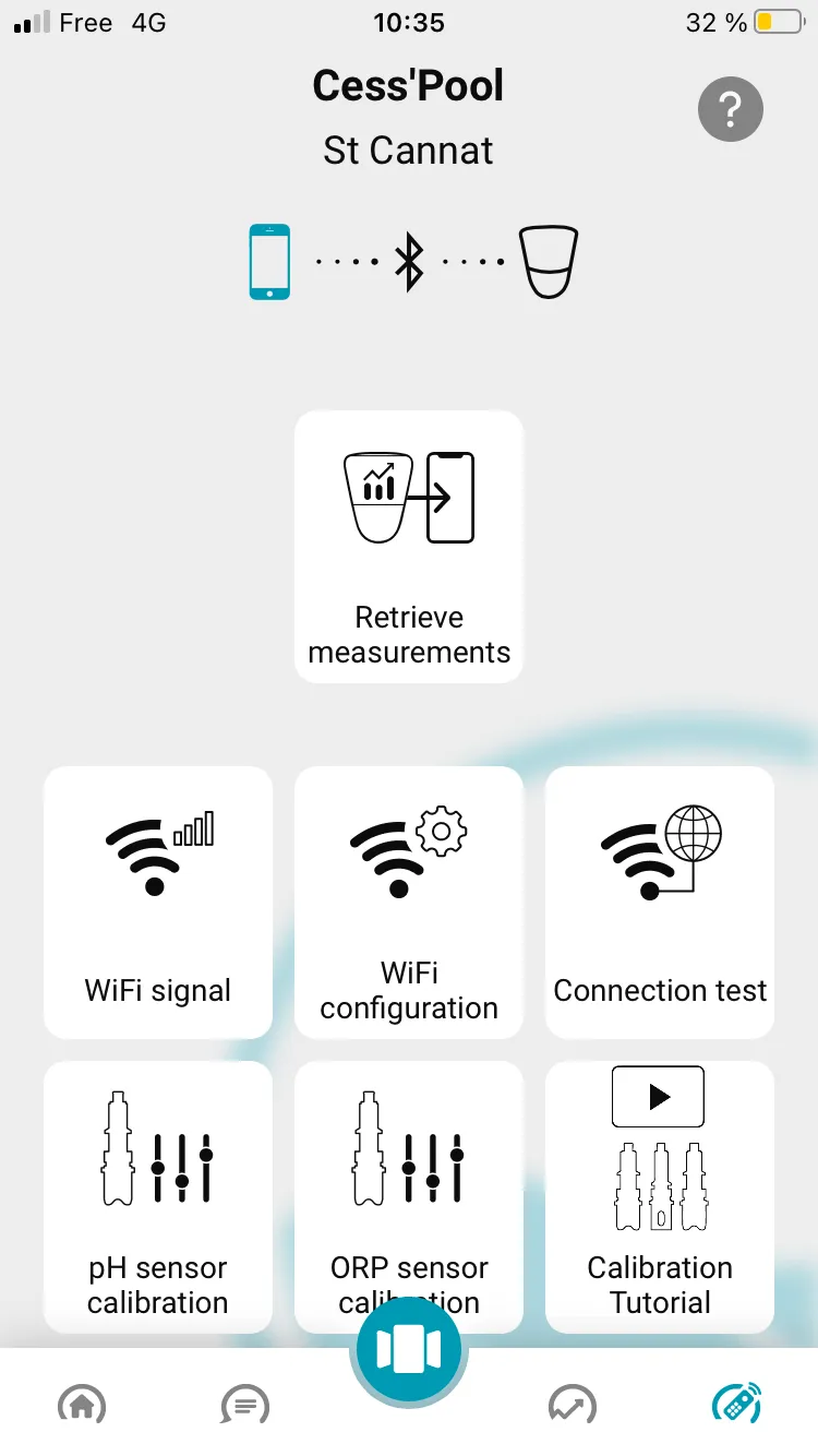 Visual of the interface, with the option of retrieving measurements, configuring the Wi-Fi connection and calibrating probes