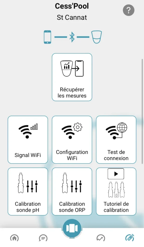 Visuel qui montre l'interface avec la possibilités de récupérer ses mesures, configurer la connexion wifi ou encore de calibrer ses sondes