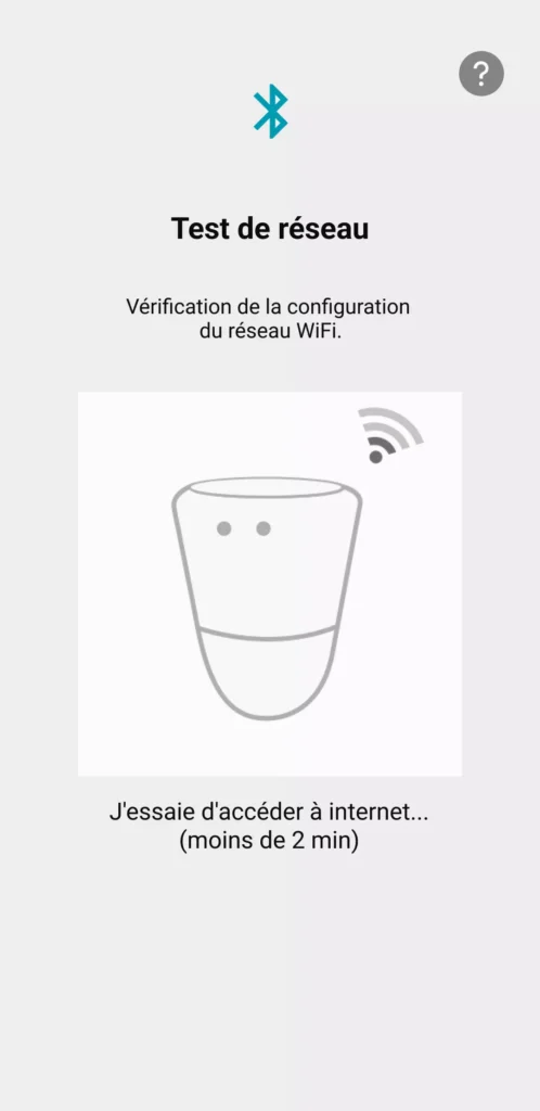 Visuel de l'application qui montre la page de vérification de la configuration du réseau wifi ico
