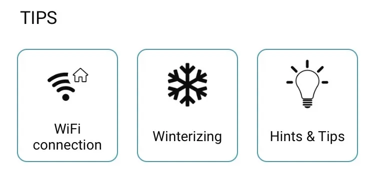 Visually displaying the advice category with 3 boxes: Wifi connection, Winter storage, Tips and advice