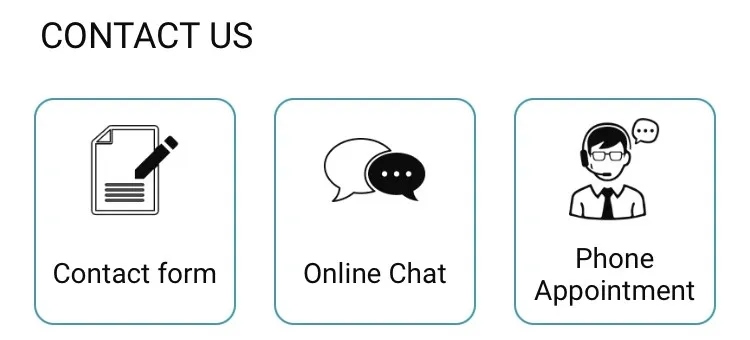 Visual showing the Contact Us category with 3 boxes : Contact form, chat and telephone appointment