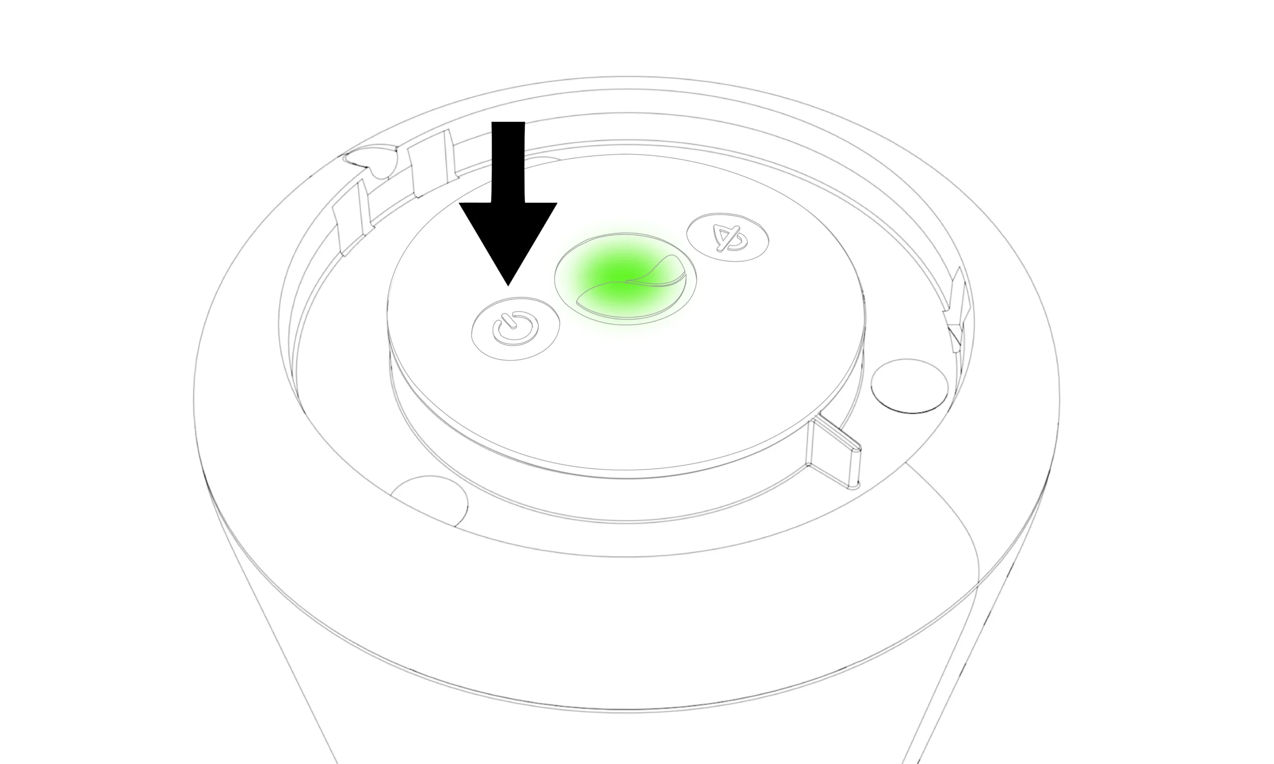 Diagram showing the location on ICO of the power button to start ICO