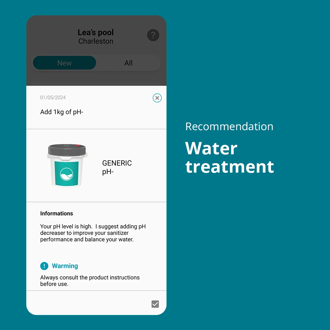 Visual showing the application's recommendation page for water treatment