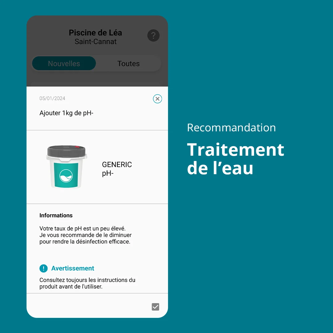 Visuel qui montre la page recommandation de l'application concernant le traitement de l'eau