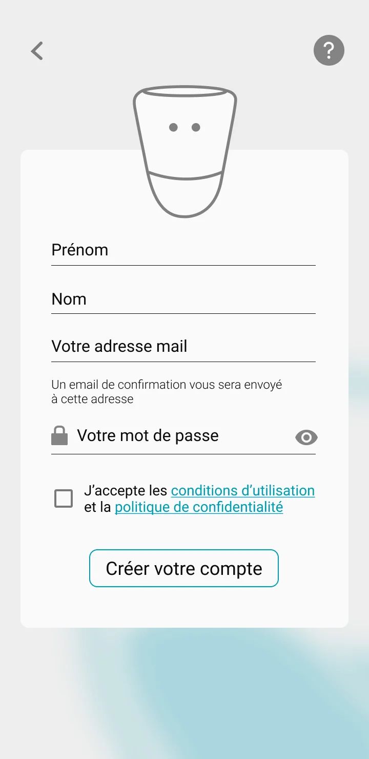 Image of the application showing the step where you need to fill in your data to create your account: first name, last name, email address. 