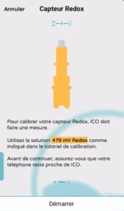 Image de l'application qui montre l'étape de la calibration de la sonde ORP d'ICO