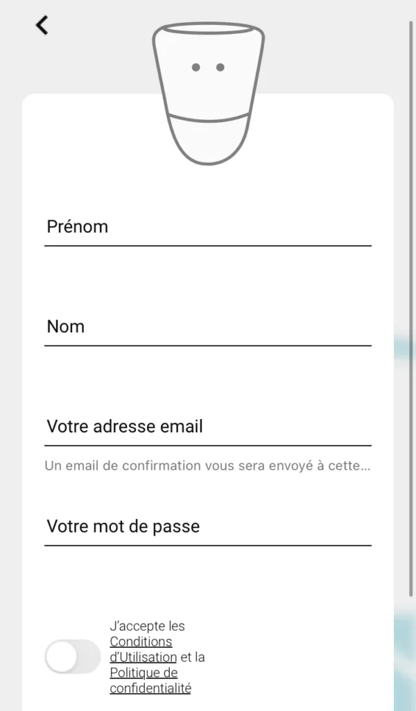 Image de l'application qui montre les détails de l'inscription afin d'ouvrir un nouveau compte