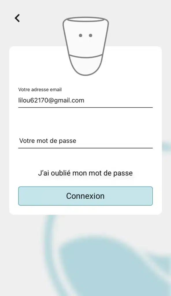 Image de l'application qui montre l'étape de connexion et l'onglet "mot de passe perdu"