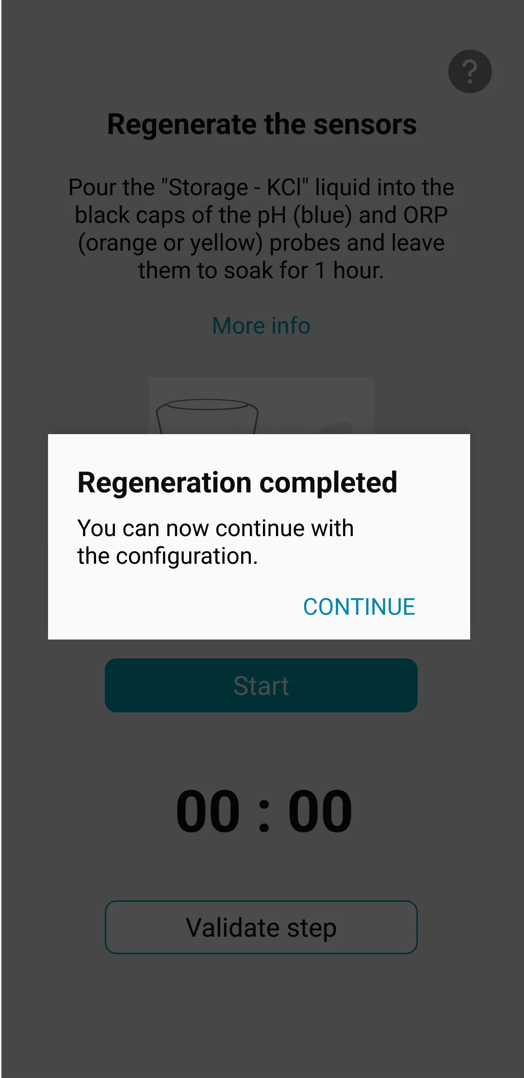 Visuel de l'application ICO qui montre le message "régénération terminée" ainsi qu'une explication