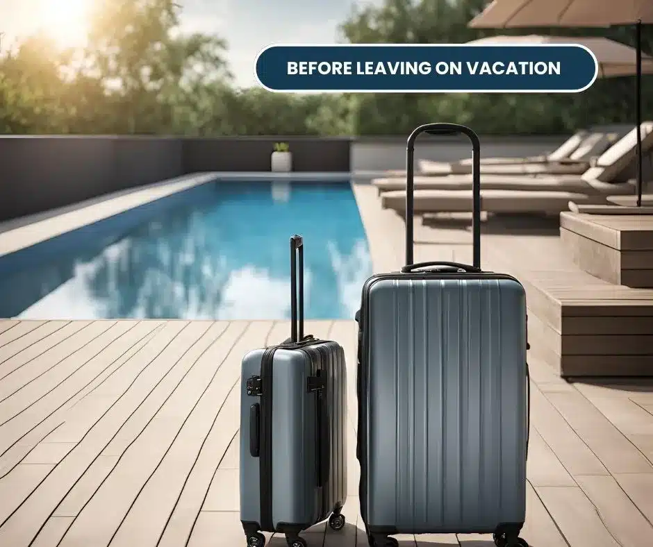 photo of a swimming pool and suitcases to illustrate the article on pool maintenance before going on vacation. 