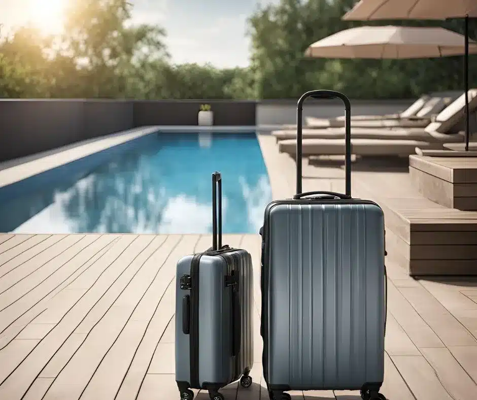 photo illustration piscine et valise. préparer la piscine avant les vacances