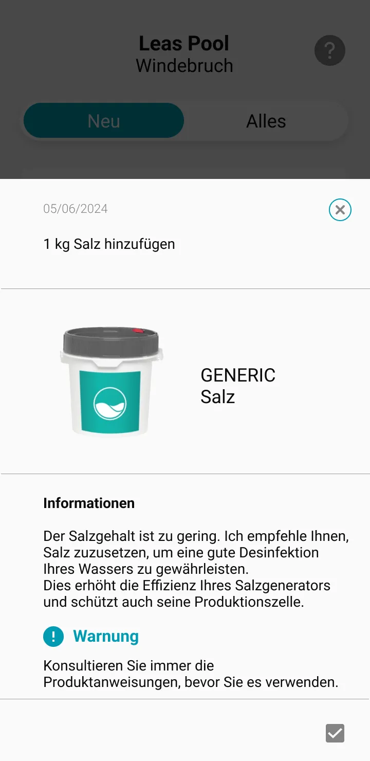 Bildschirm ICO-Anwendung: Empfehlung, dem Wasser Salz hinzuzufügen, um die Qualität des Wassers im Pool zu erhalten. 