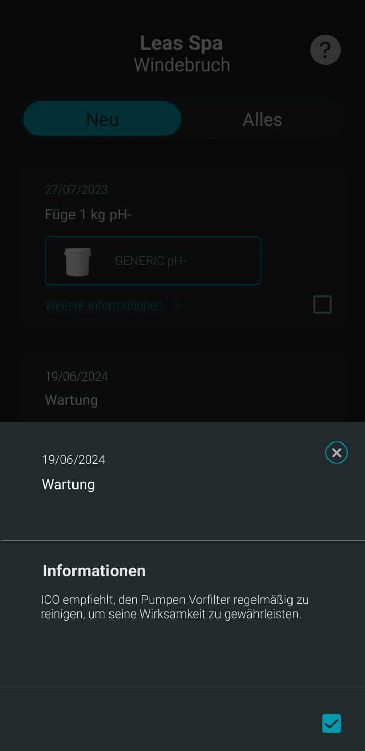 Bildschirm der ICO-Anwendung: ICO Spa-Empfehlung zur Pflege und Reinigung des Vorfilters der Pumpe 