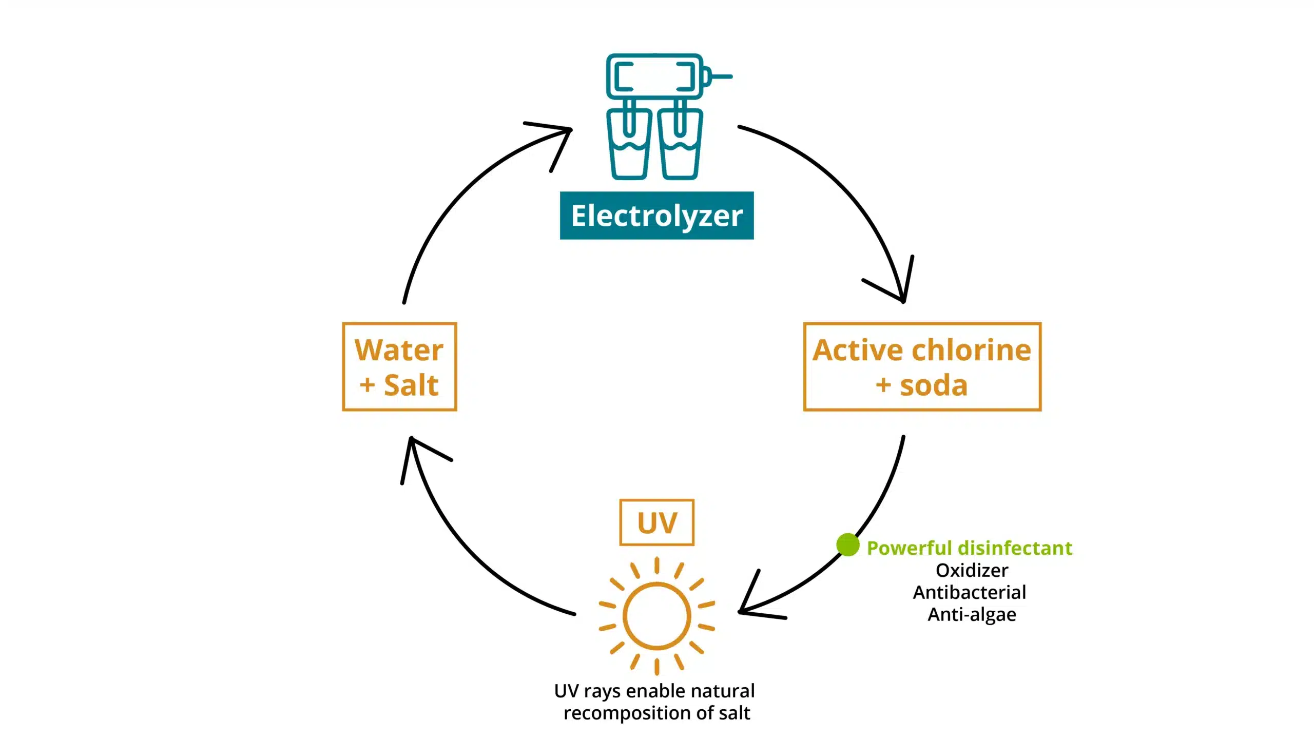 illustration of how a salt water chlorinator affects water quality in a swimming pool 