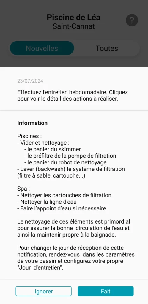 Image de l'application ICO qui montre les informations a savoir quand on reçoit la notification concernant l'entretien hebdomadaire à effectuer