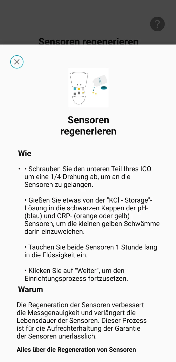 Image de l'application qui montre les informations donnés sur la régénération des sondes