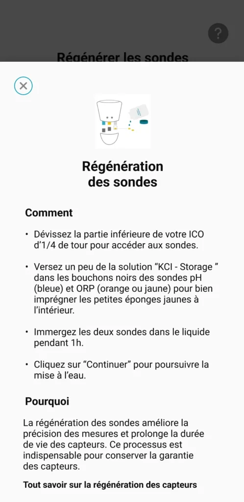 Image de l'application qui montre les informations donnés sur la régénération des sondes