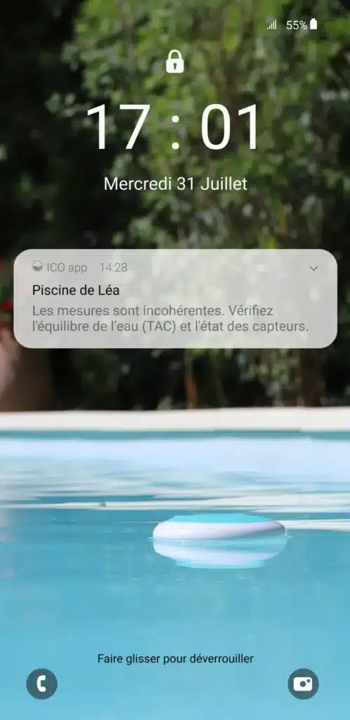 Image de la notification de l'application ICO: attention les derniers résultats de l analyse de l'eau sont incohérentes. 