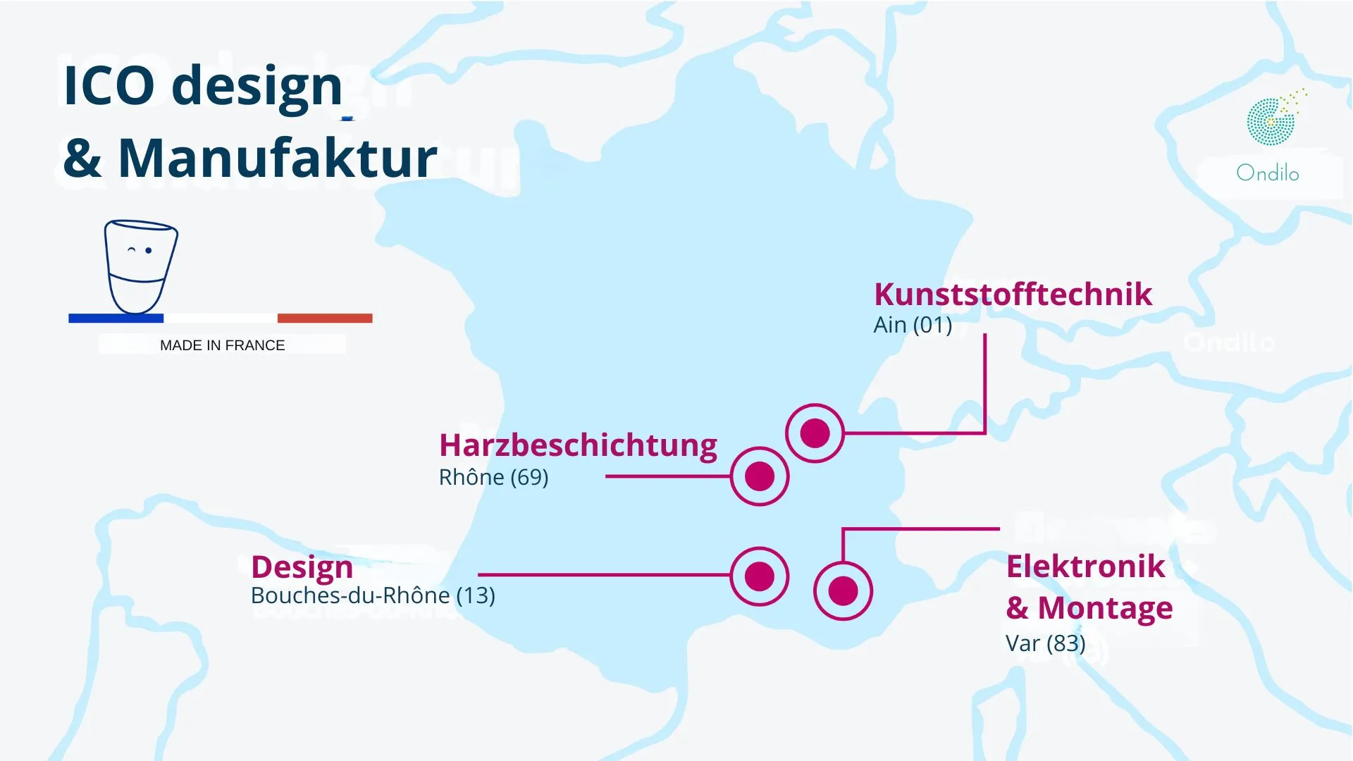 Die Abbildung zeigt die geografische Karte der Herstellungsorte von ICO Pool und ICO Spa in Frankreich.