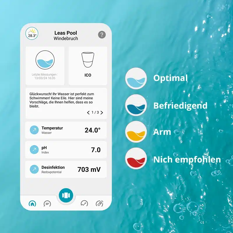 die App ermöglicht es Ihnen, den Badenindex Ihres Pools oder Whirlpools im Auge zu behalten