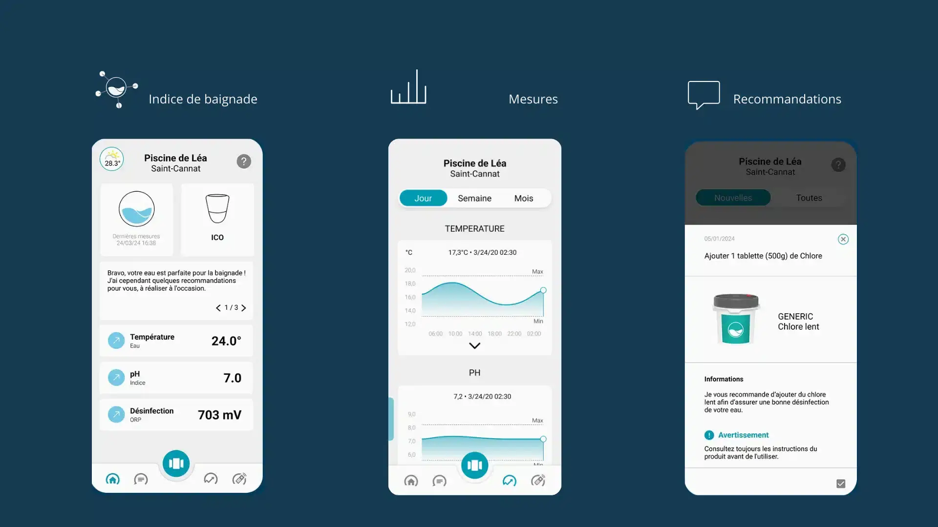 L'application ICO permet de garder un oeil sur la qualité de l'eau de votre piscine. Vous pourrez ainsi connaître la température, le pH, mais également des recommandations adaptés à votre bassin